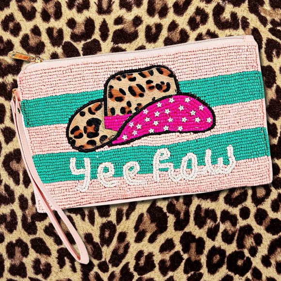 Yeehaw Beaded Pink Leopard Cowgirl Wristlet Clutch Bag