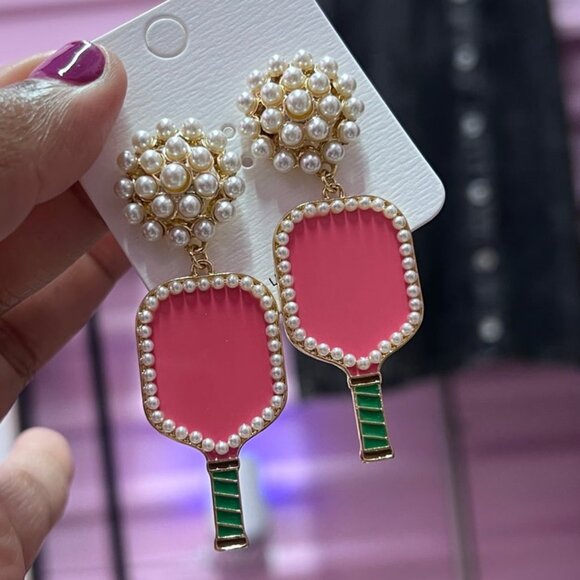 Pink Pearl Accent Pickleball Players Paddle Earrings
