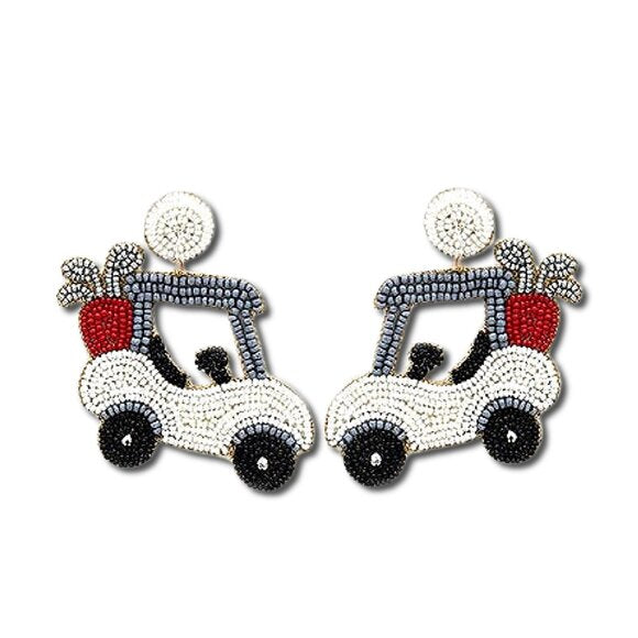 Beaded White Golf Cart Statement Earrings