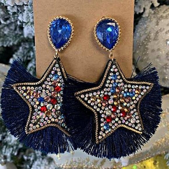 Rhinestone Crystal Blue Fringe Star Celestial Earrings