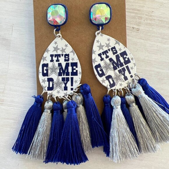 Blue Silver GAMEDAY Football Tassel Earrings