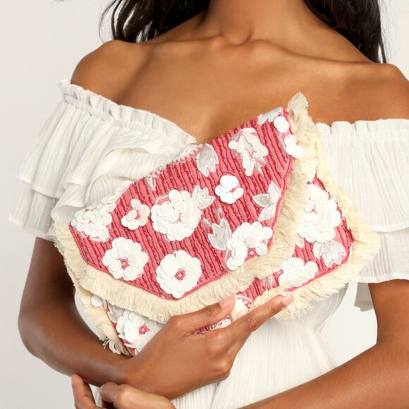 Pink Sequin Floral Boho Fringe Crossbody Clutch