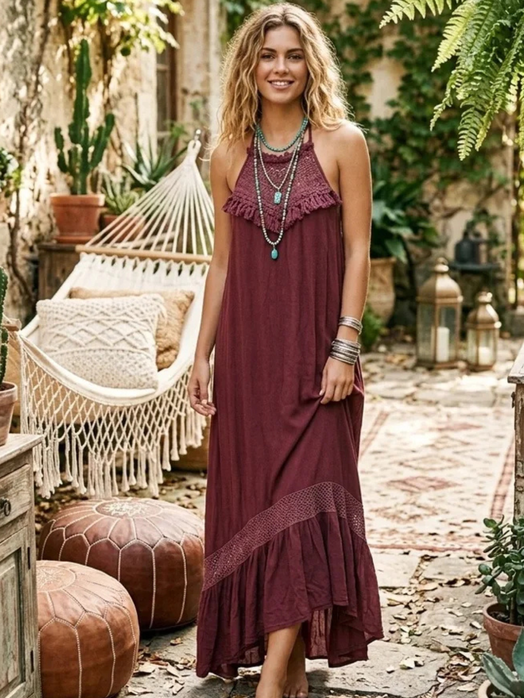 POL Crochet Inset Boho Hi-Lo Festival Style Dress