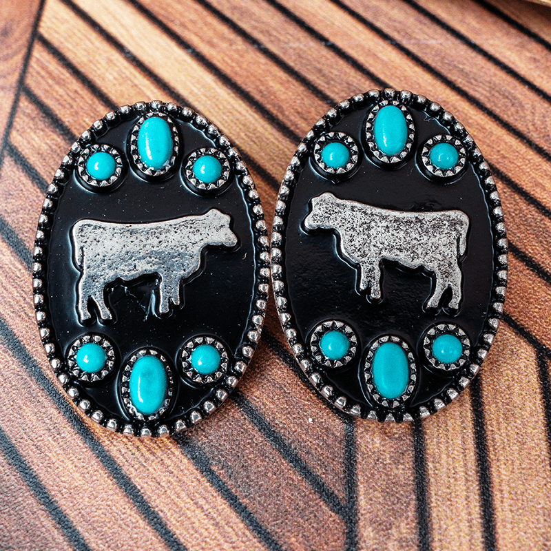 Western Style Turquoise Silver Cow Earrings