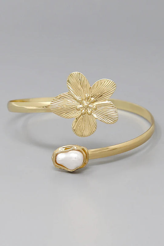 Baroque Pearl and Petals Gold Arm Cuff Bracelet