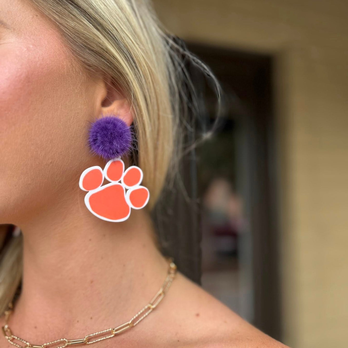 Clemson Tigers Football Acrylic Orange Purple Paw Earrings