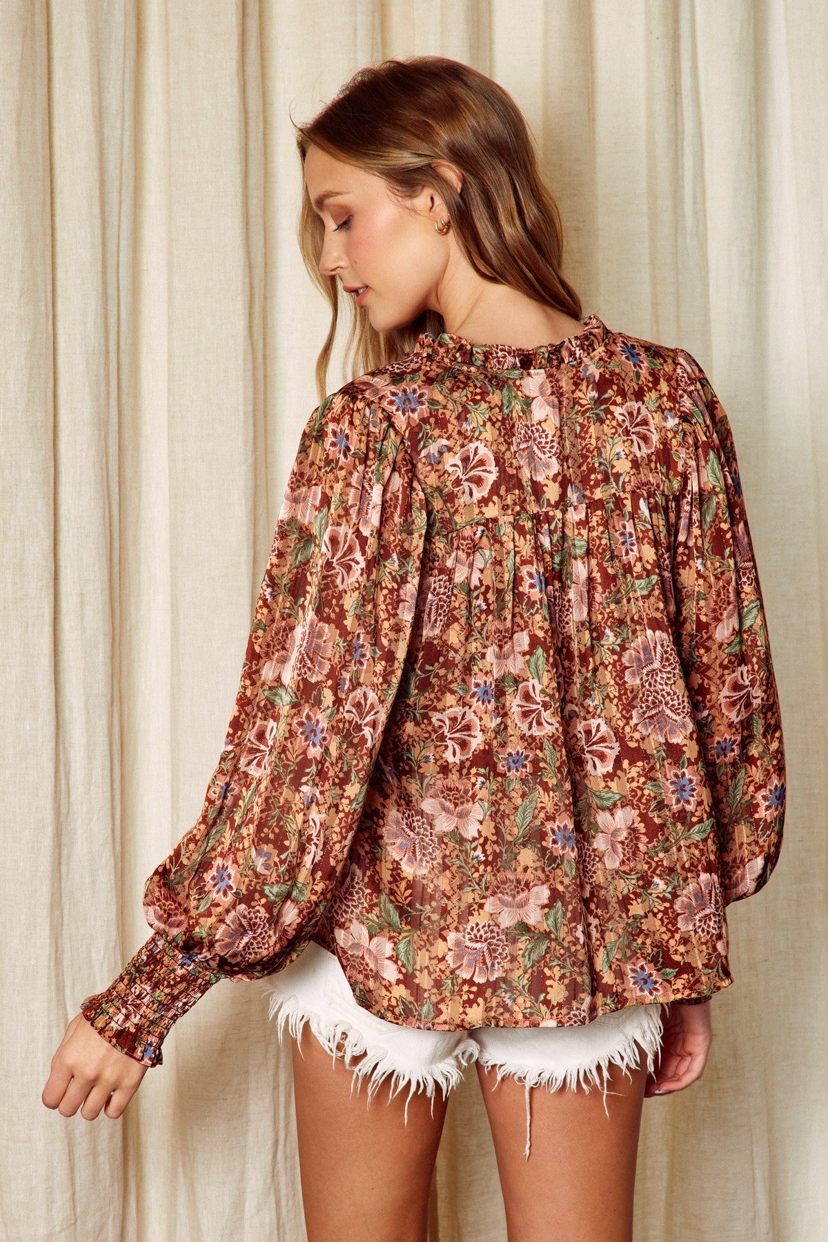 Botanical Boho Ruffled Neck Top