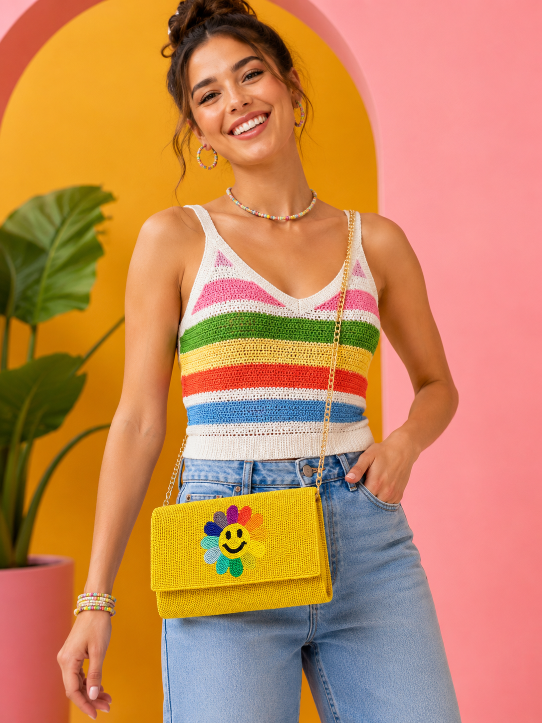 Smile Flower Seed Beaded Yellow Clutch / Crossbody Bag