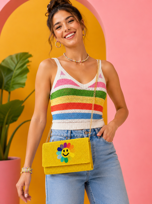 Smile Flower Seed Beaded Yellow Clutch / Crossbody Bag