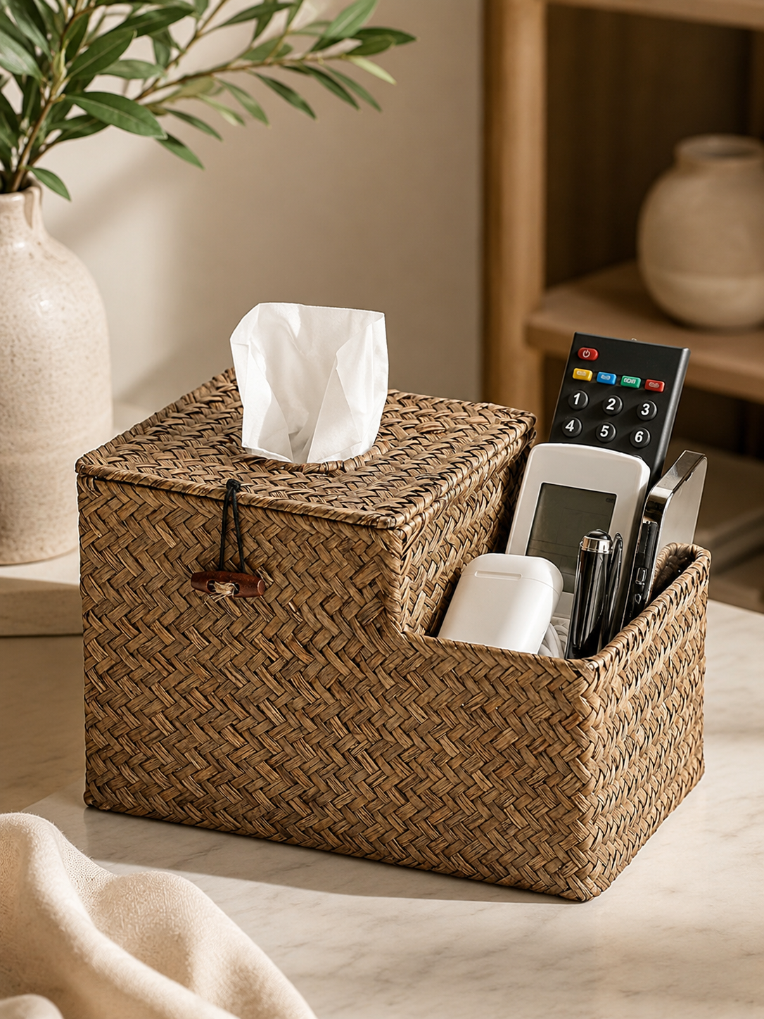 Woven Seagrass Tissue Box Holder with Side Organizer