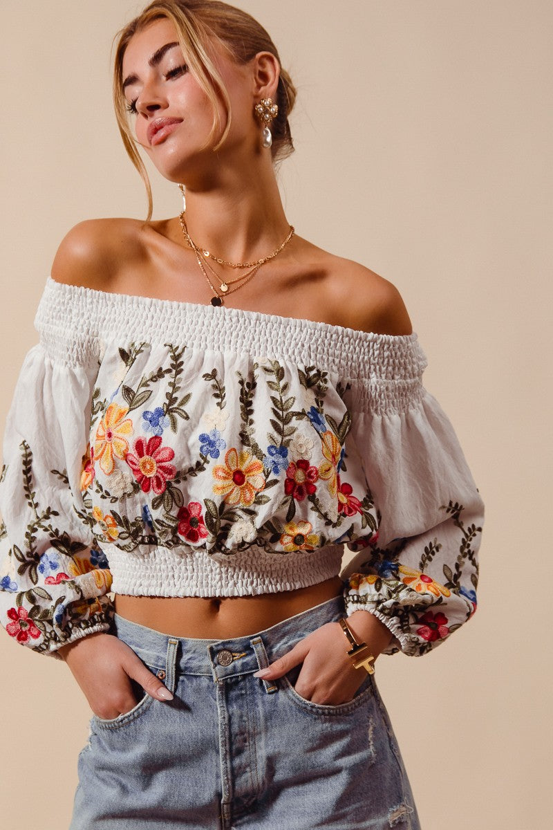 Frida Floral Embroidered Off-Shoulder Boho Top