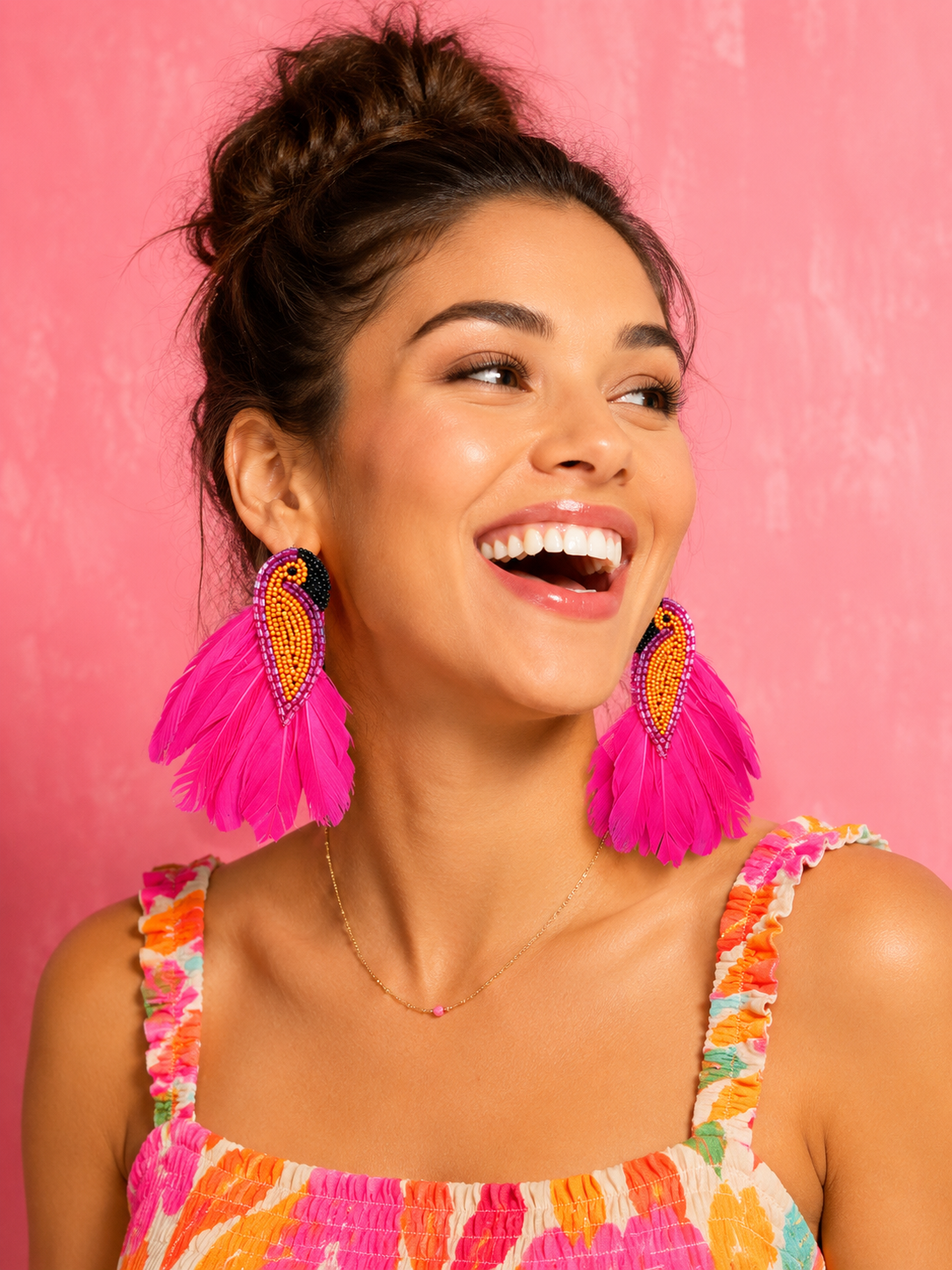Pink Parrot Feathered Beaded Resort Earrings