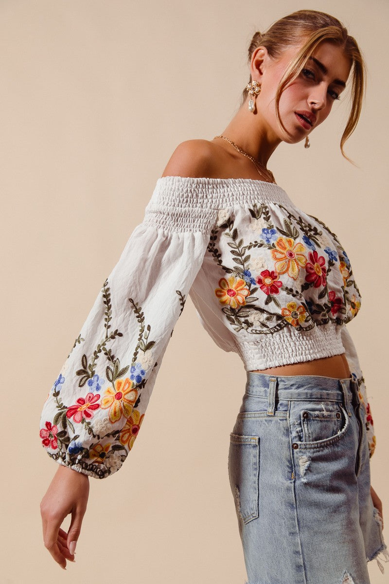 Frida Floral Embroidered Off-Shoulder Boho Top