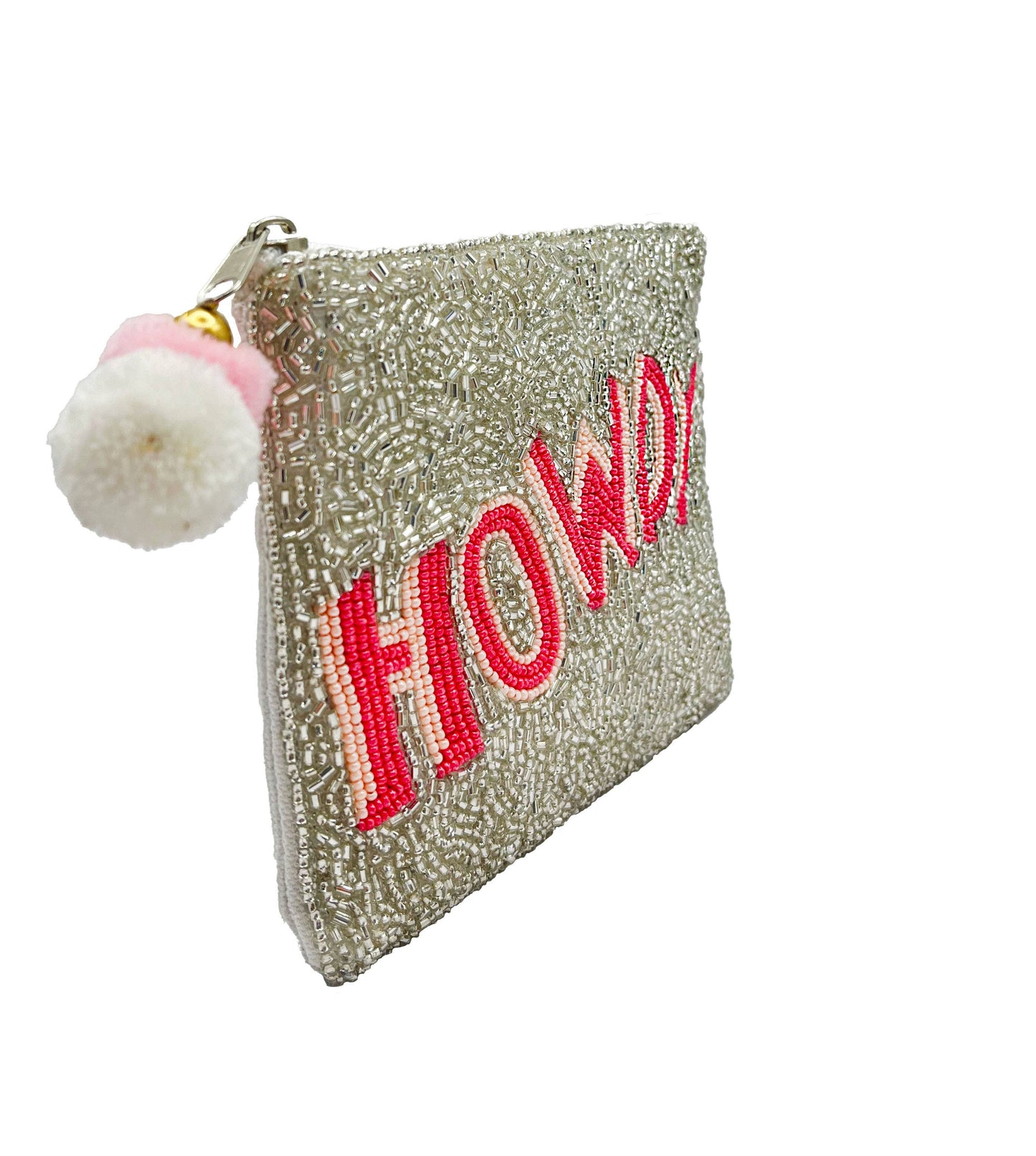 HOWDY Pink Silver Beaded Storage Money Coin Pouch