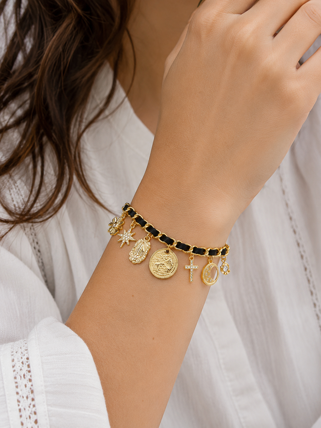 Faith Bound Woven Link Gold Charm Bracelet