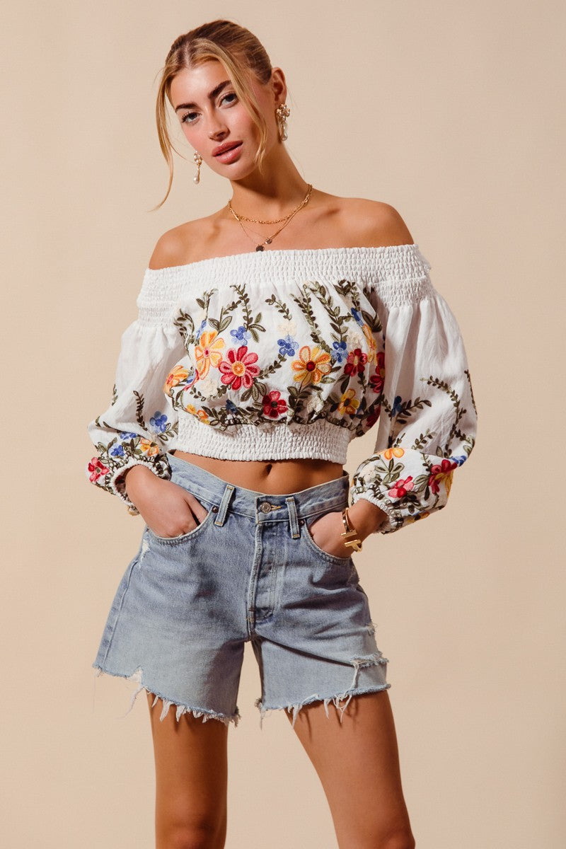 Frida Floral Embroidered Off-Shoulder Boho Top