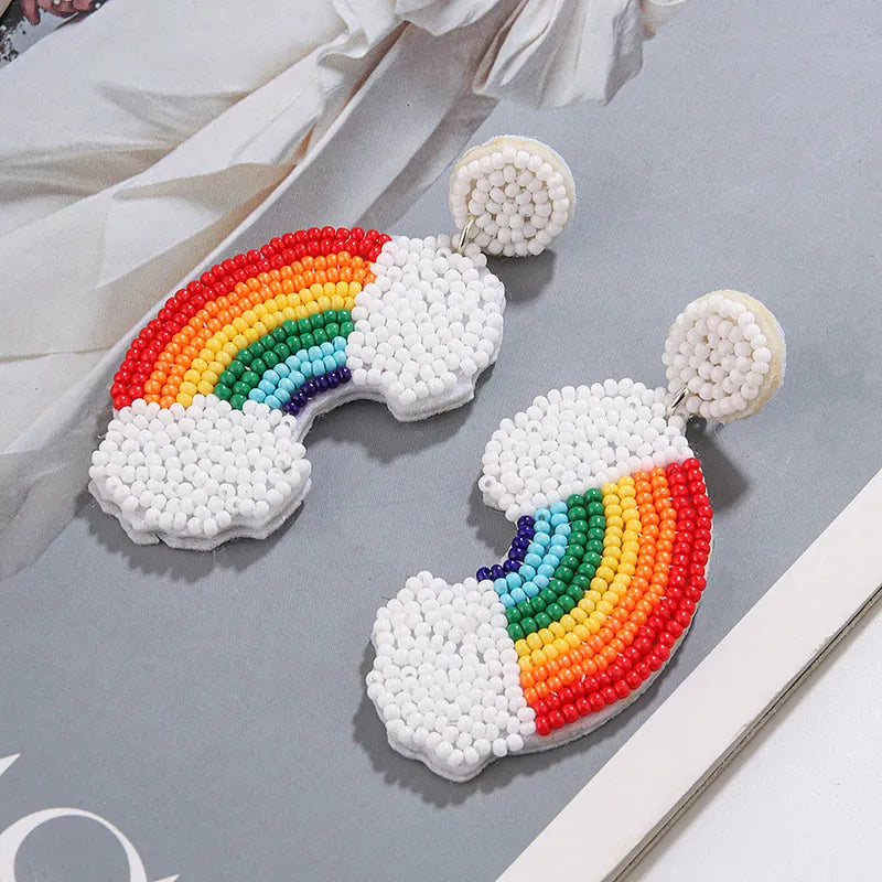 Rainbow Clouds Seed Beaded Statement Earrings
