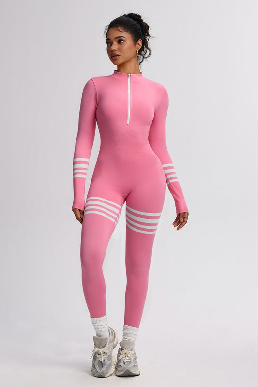 ZOE ZIPPER FRONT ATHLEISURE JUMPSUIT IN PINK