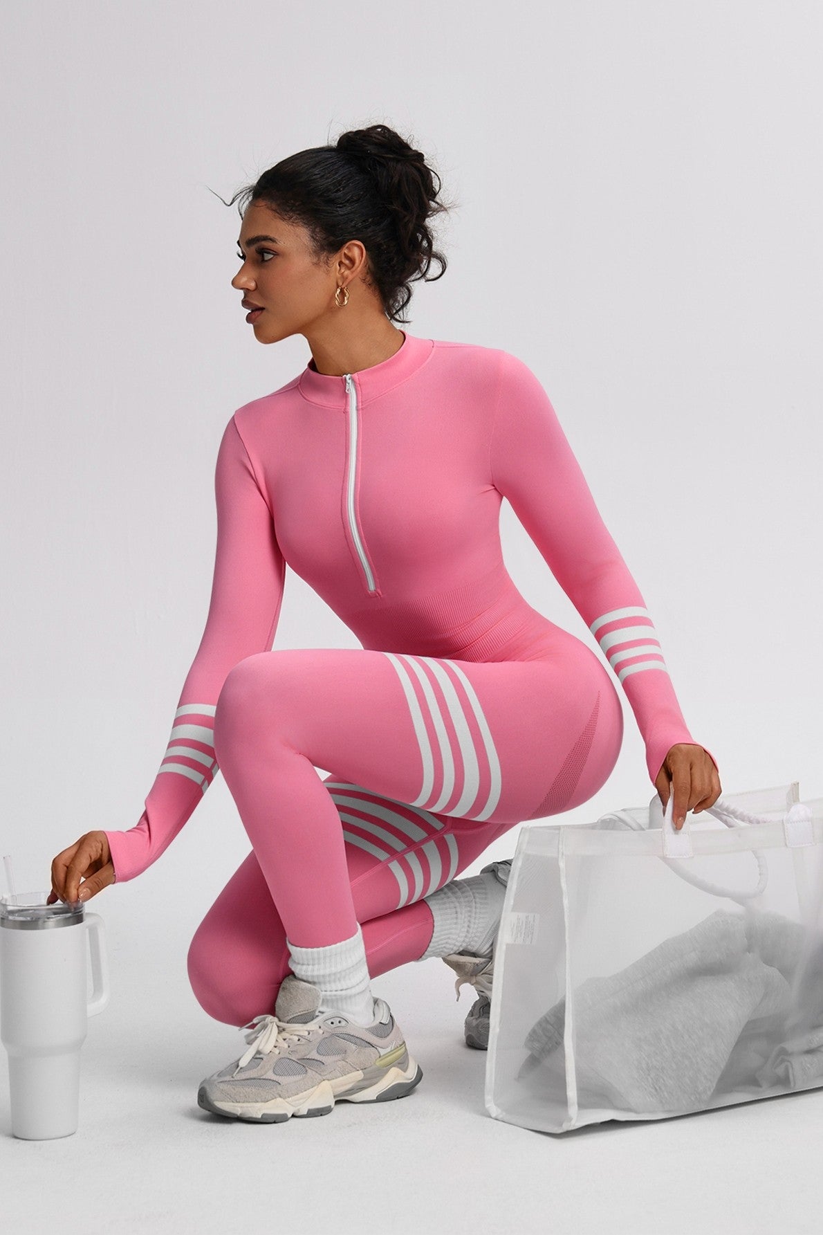 ZOE ZIPPER FRONT ATHLEISURE JUMPSUIT IN PINK