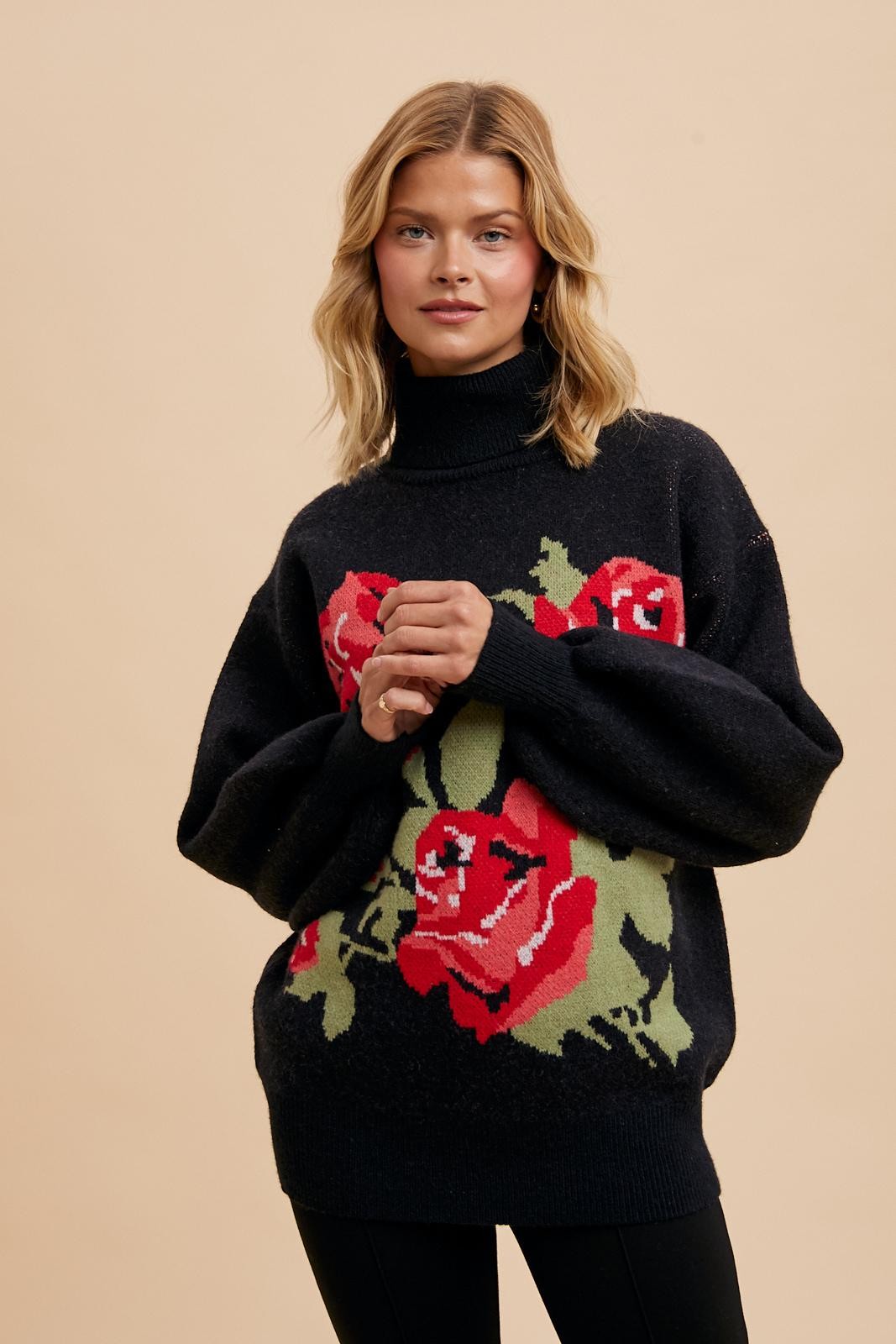Rose Bloom Knit Turtleneck Sweater