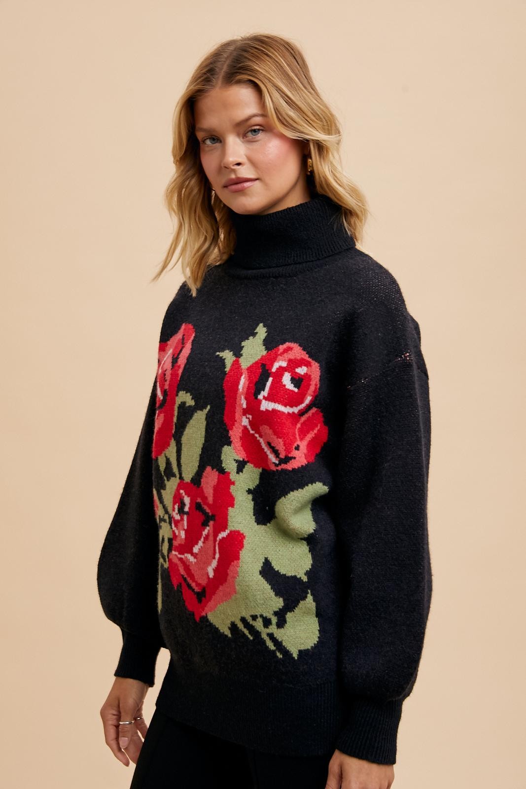 Rose Bloom Knit Turtleneck Sweater