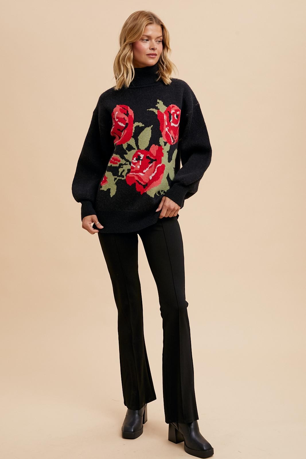 Rose Bloom Knit Turtleneck Sweater
