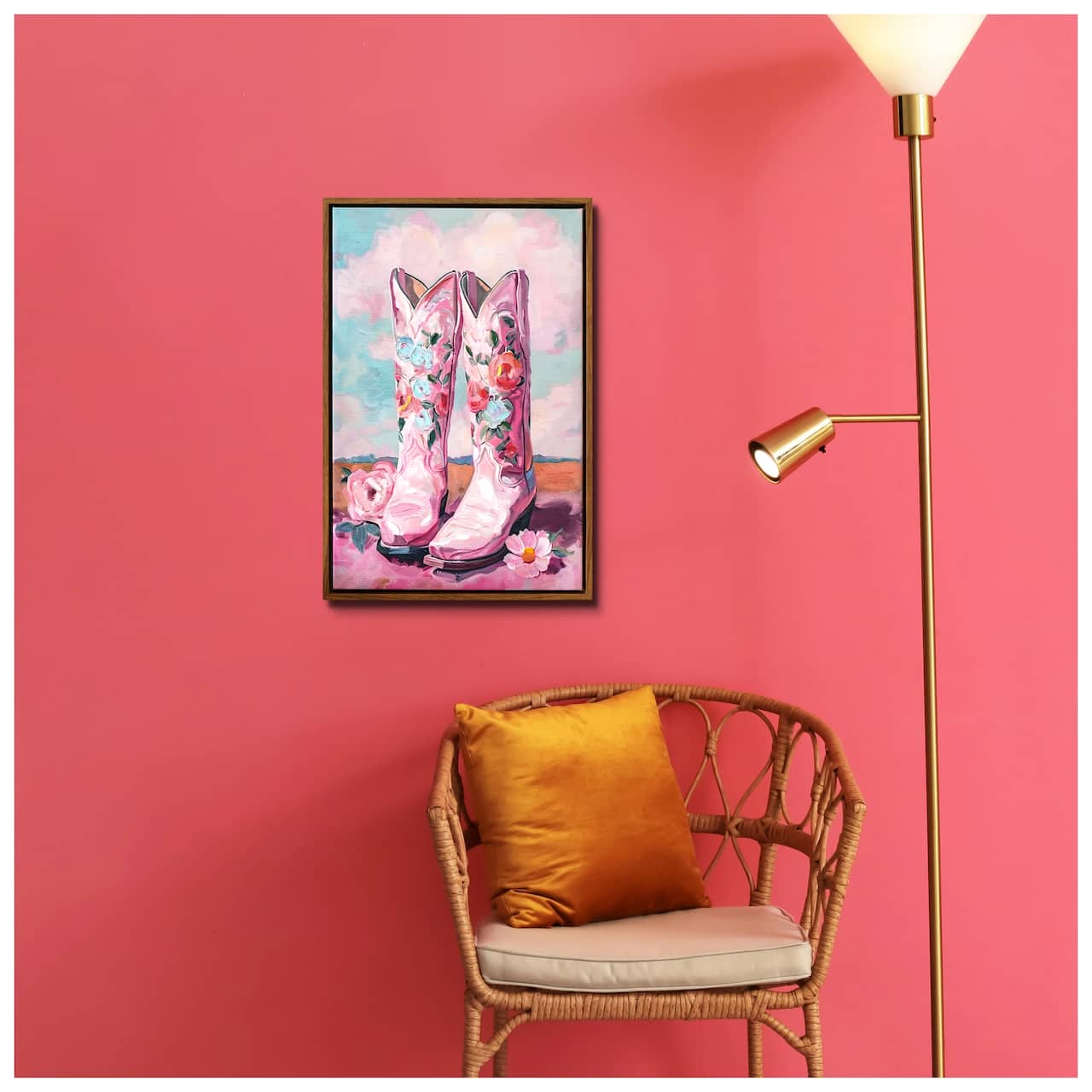 Pink Cowboy Western Boots Floral Wall Art Hanging