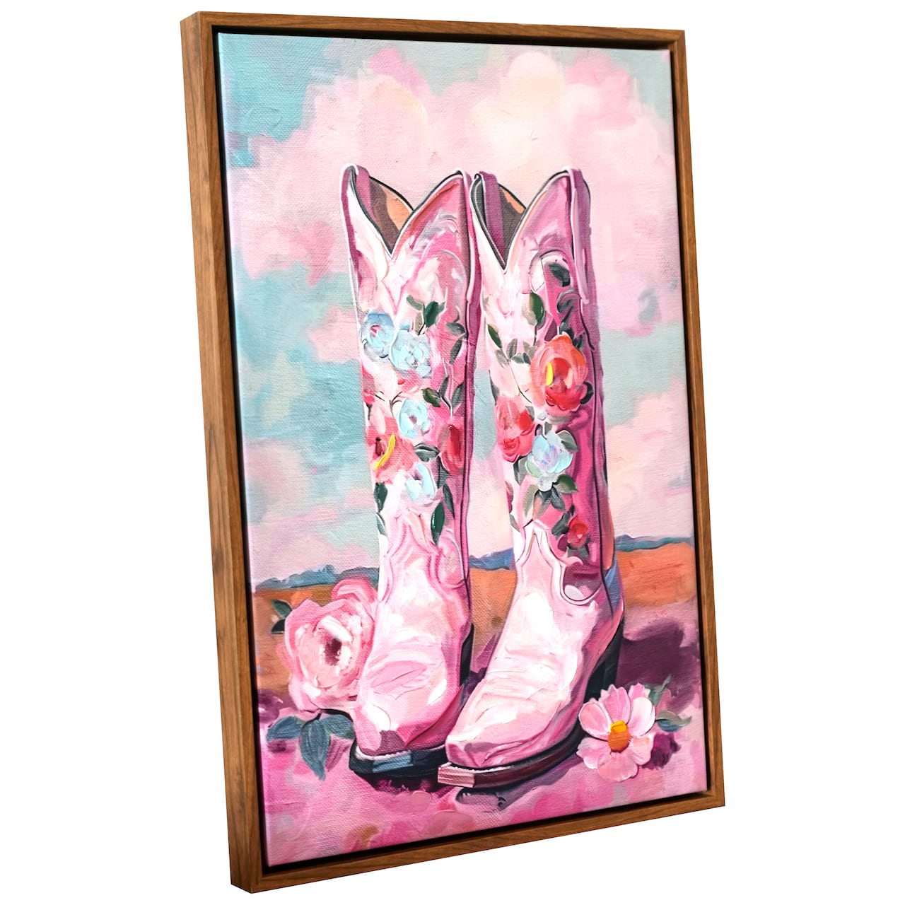 Pink Cowboy Western Boots Floral Wall Art Hanging