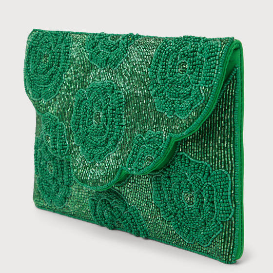 Green Rose Beaded Clutch Crossbody Handbag