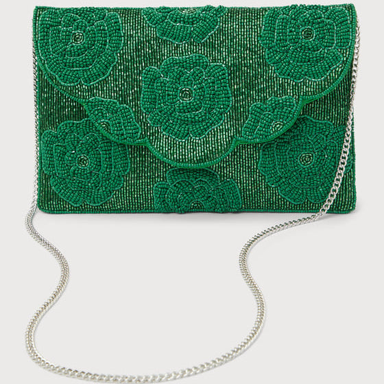 Green Rose Beaded Clutch Crossbody Handbag
