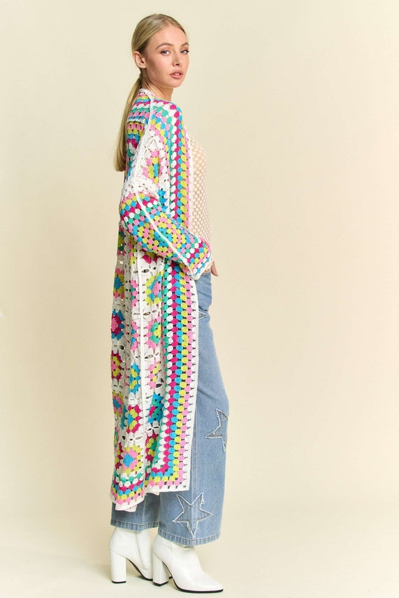 Coachella Ready Boho Style Crochet Neon Knit Cardigan