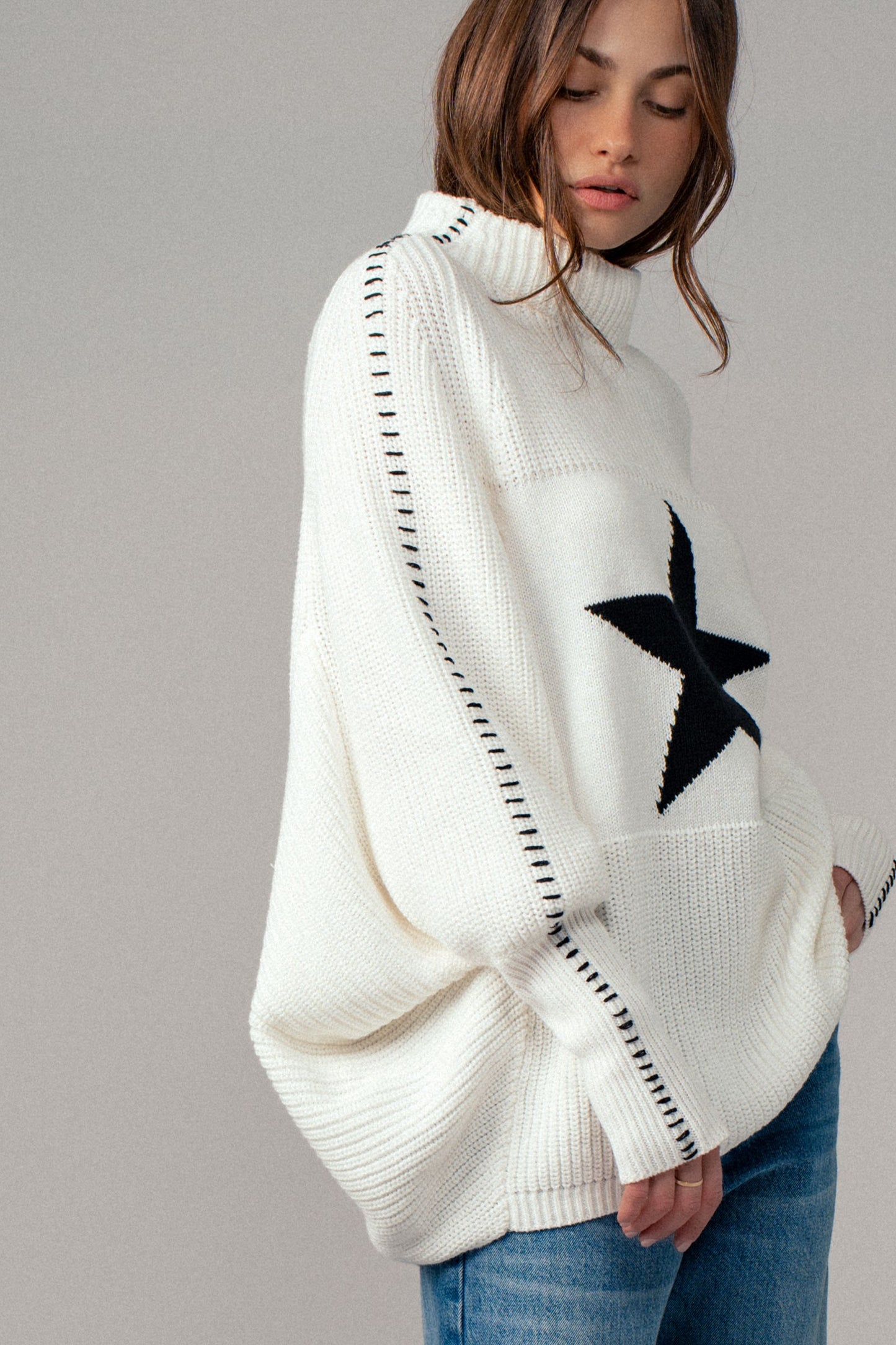 She's A Star Oversized Contrast Stitch Sweater in White