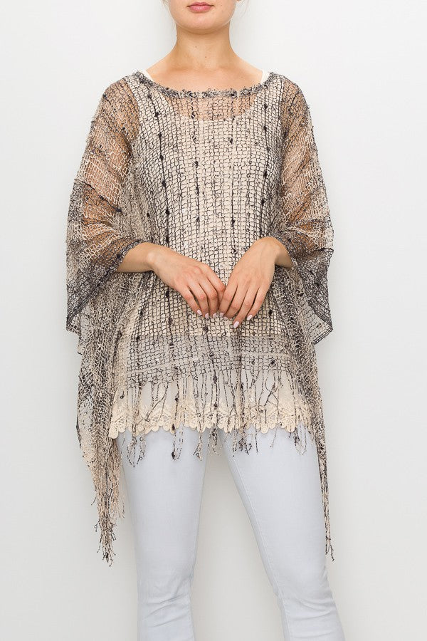 Nylah Metallic Sparkle Print Boho Festival Mesh Top in Black