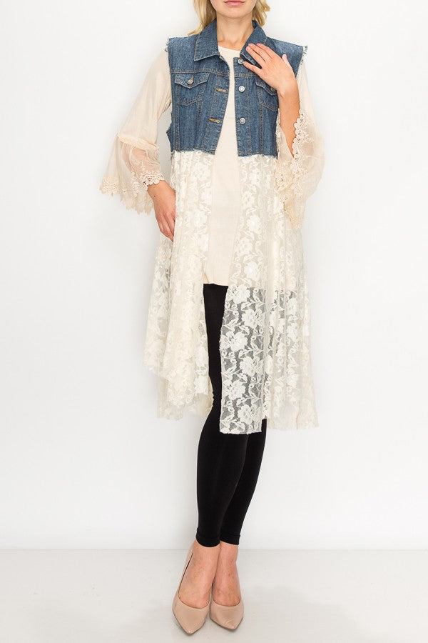 Deidre Blue Denim Vest Boho Lace Hem in Beige
