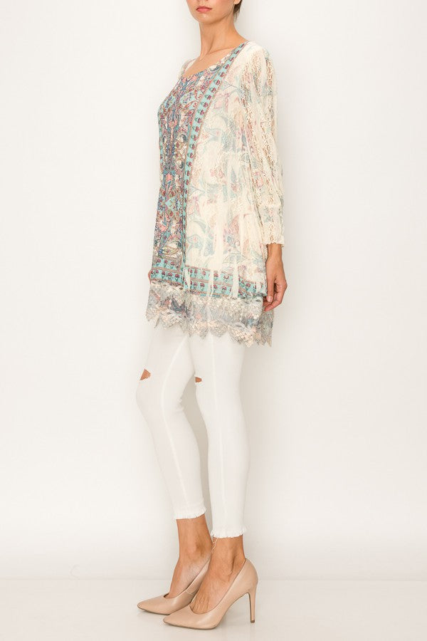 Paris Lace Accent Boho Print Tunic Top