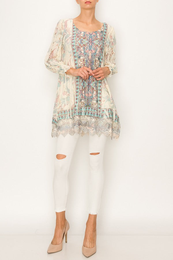 Paris Lace Accent Boho Print Tunic Top