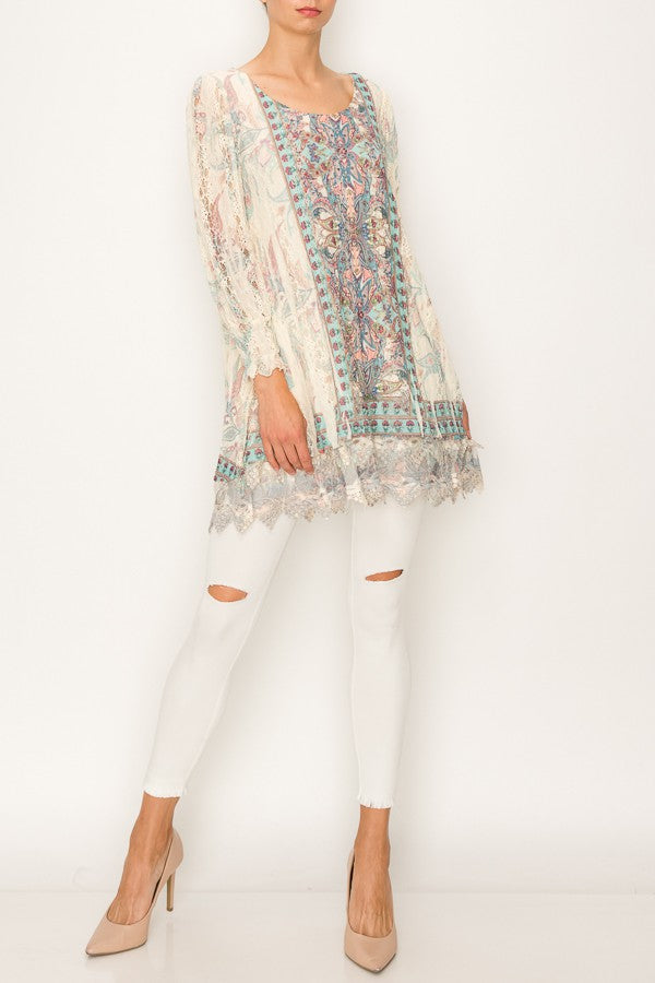 Paris Lace Accent Boho Print Tunic Top