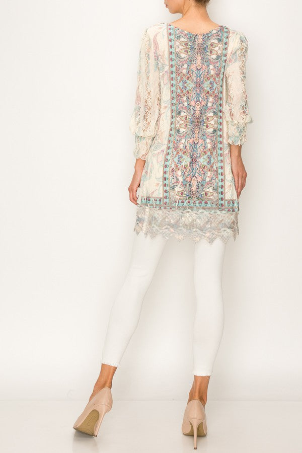 Paris Lace Accent Boho Print Tunic Top