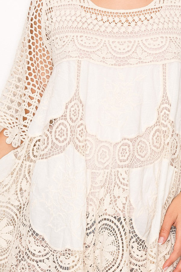 Rowen Crochet Lace Bohemian Tunic Top in Beige