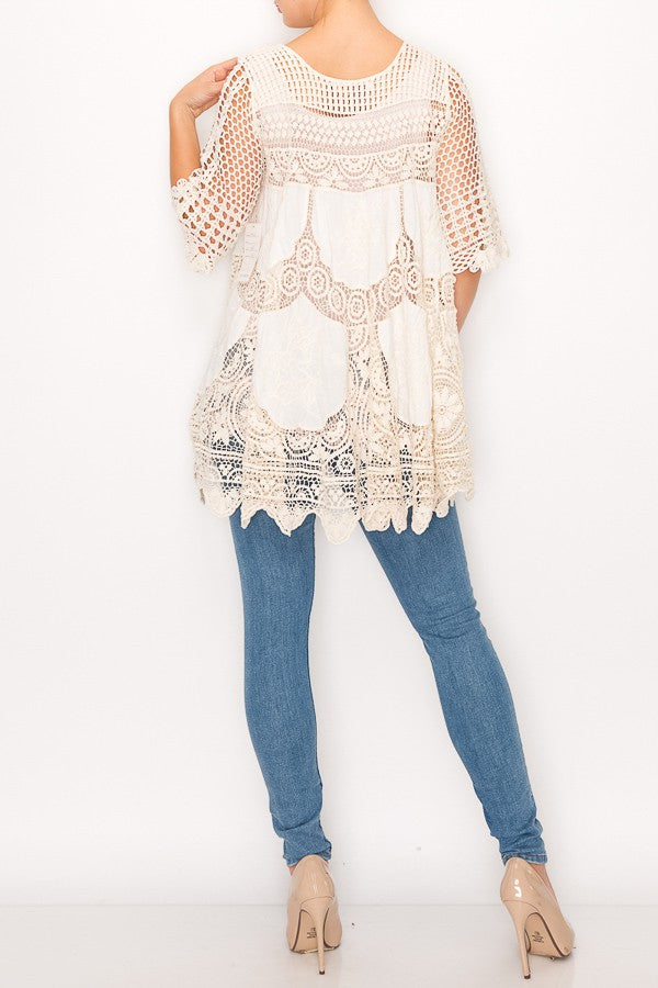 Rowen Crochet Lace Bohemian Tunic Top in Beige