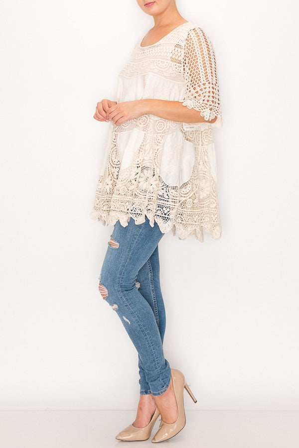 Rowen Crochet Lace Bohemian Tunic Top in Beige