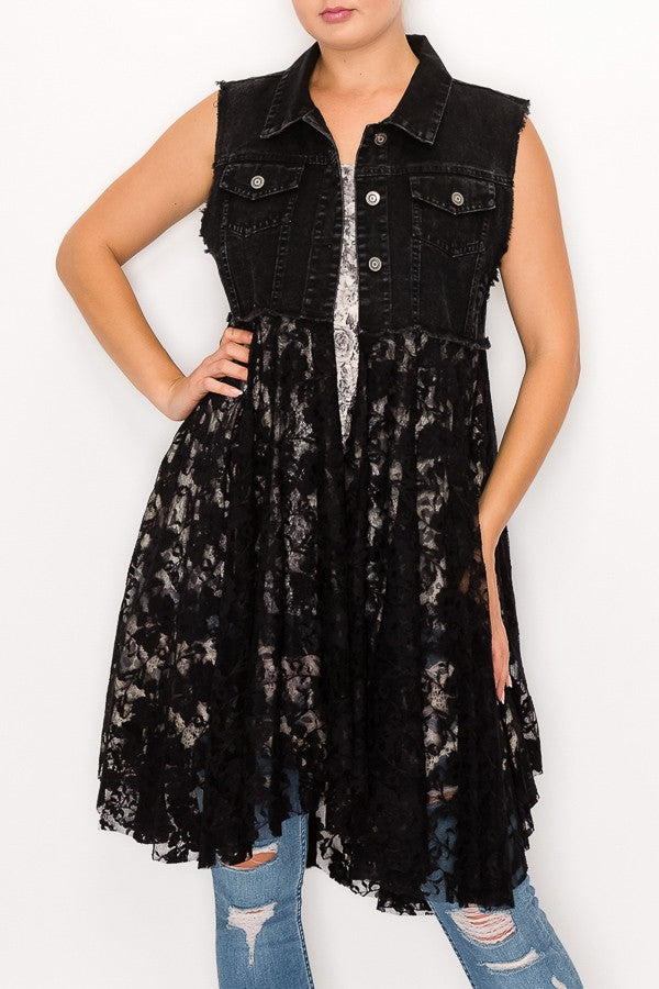 Deidre Black Denim Vest Boho Lace Hem in Black