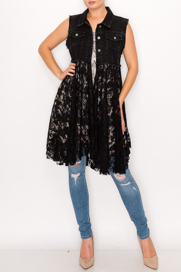 Deidre Black Denim Vest Boho Lace Hem in Black