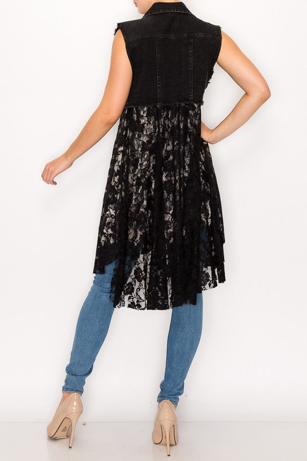 Deidre Black Denim Vest Boho Lace Hem in Black