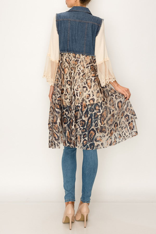 Deidre Denim Vest Boho Lace Hem in Blue Leopard