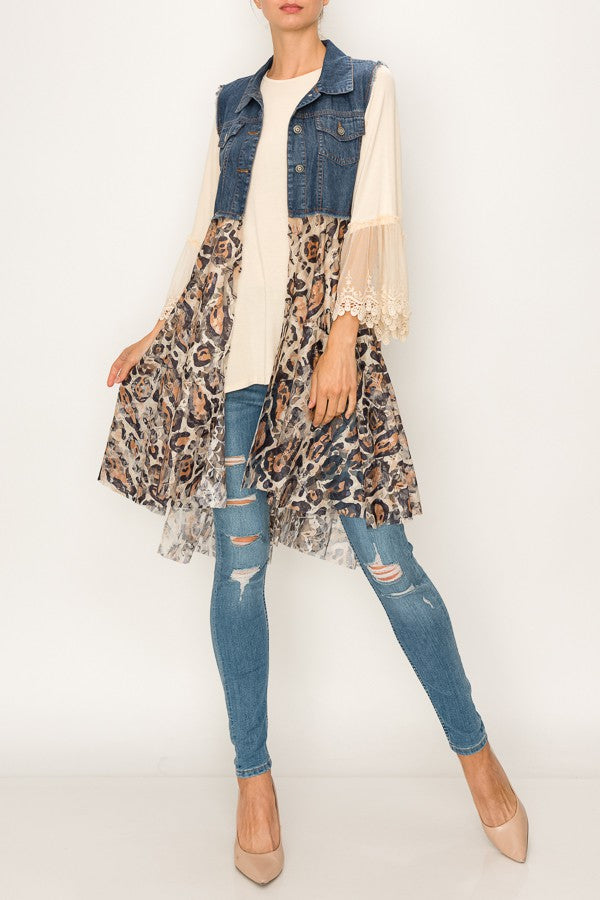 Deidre Denim Vest Boho Lace Hem in Blue Leopard