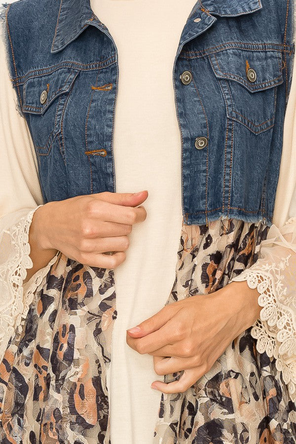 Deidre Denim Vest Boho Lace Hem in Blue Leopard