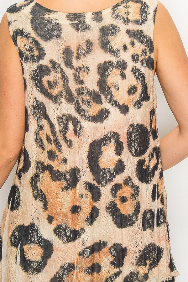 Lola Lined Lace Detail Hi-Lo Tank Top in Leopard