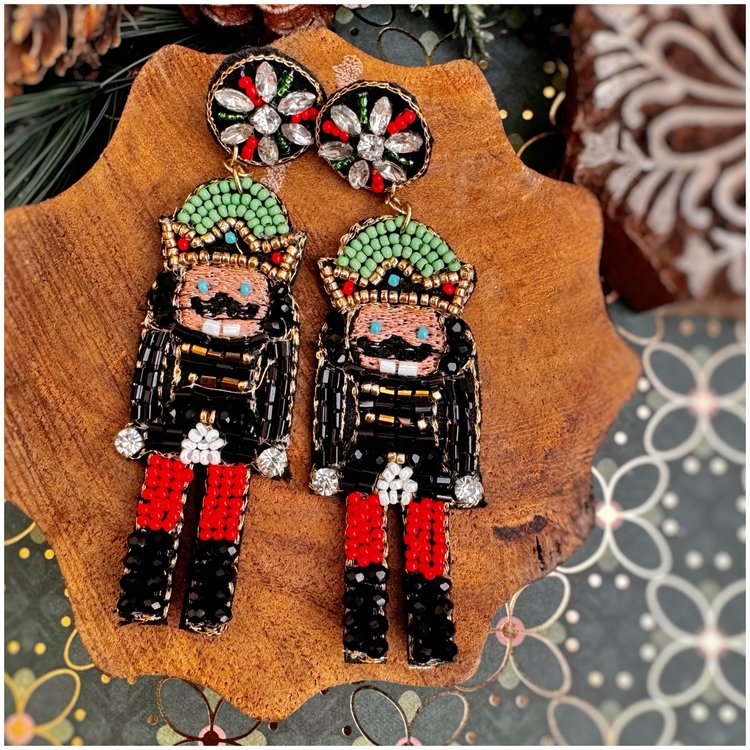 Crystal Nutcracker Christmas Seed Beaded Holiday Earrings