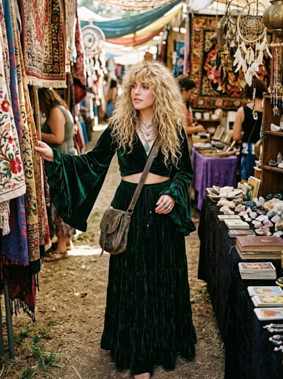 Moon Goddess Bell Sleeve Green Velvet Boho Top & Skirt Set